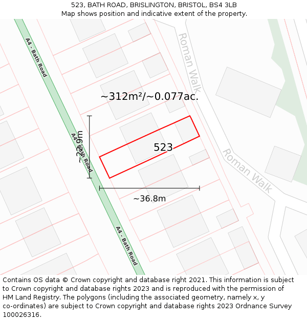 523, BATH ROAD, BRISLINGTON, BRISTOL, BS4 3LB: Plot and title map