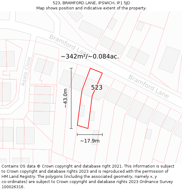 523, BRAMFORD LANE, IPSWICH, IP1 5JD: Plot and title map