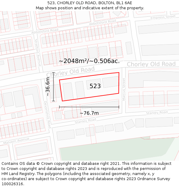 523, CHORLEY OLD ROAD, BOLTON, BL1 6AE: Plot and title map