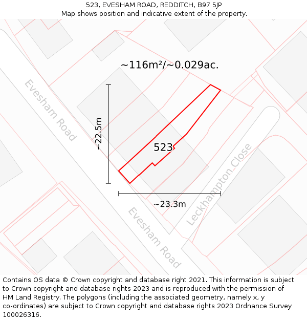 523, EVESHAM ROAD, REDDITCH, B97 5JP: Plot and title map