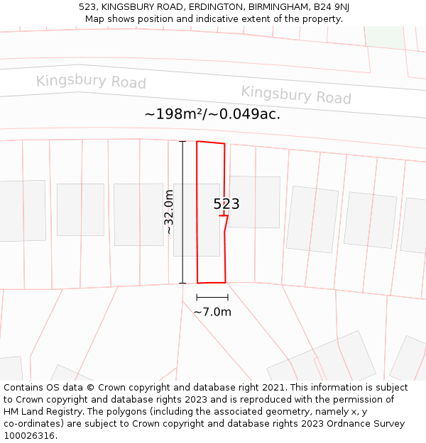 523, KINGSBURY ROAD, ERDINGTON, BIRMINGHAM, B24 9NJ: Plot and title map