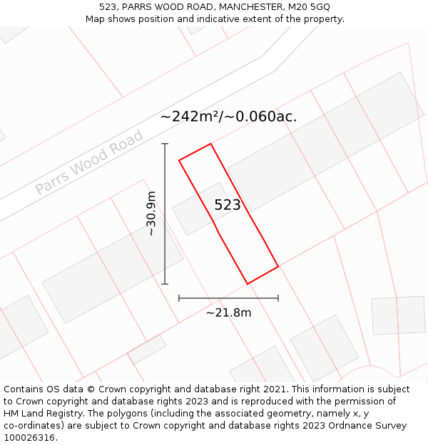 523, PARRS WOOD ROAD, MANCHESTER, M20 5GQ: Plot and title map