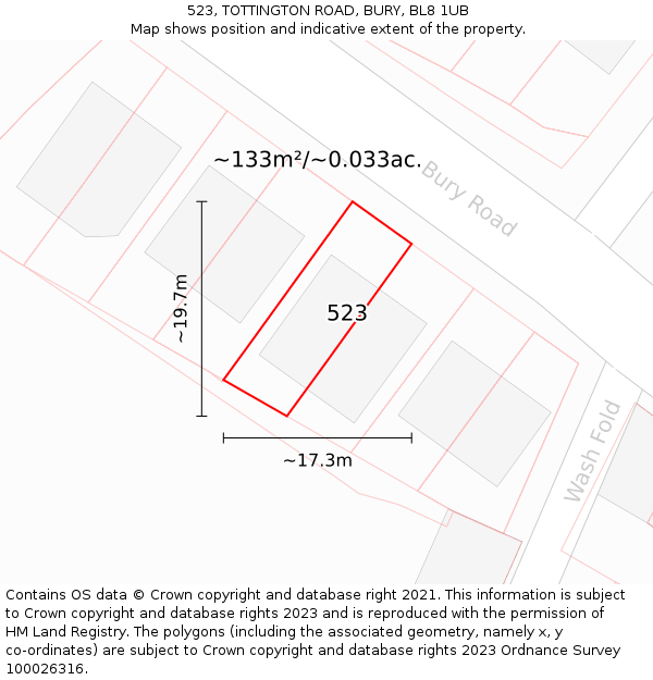 523, TOTTINGTON ROAD, BURY, BL8 1UB: Plot and title map