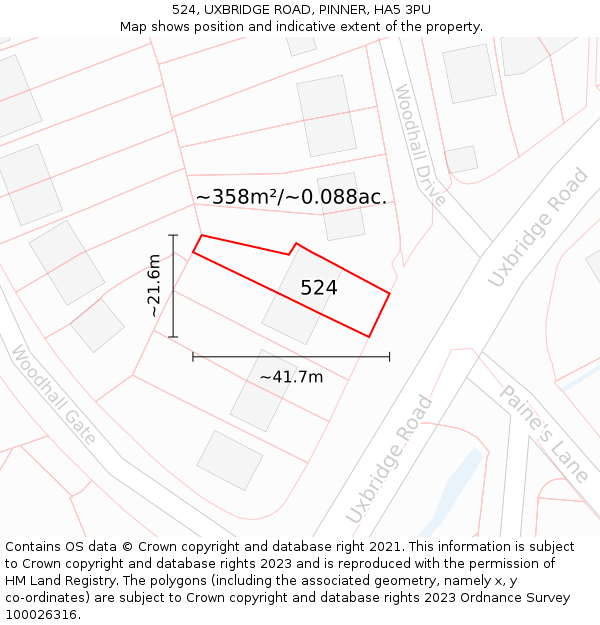 524, UXBRIDGE ROAD, PINNER, HA5 3PU: Plot and title map