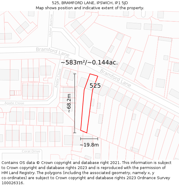 525, BRAMFORD LANE, IPSWICH, IP1 5JD: Plot and title map