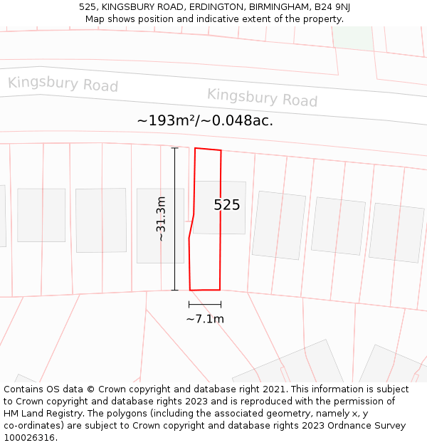 525, KINGSBURY ROAD, ERDINGTON, BIRMINGHAM, B24 9NJ: Plot and title map