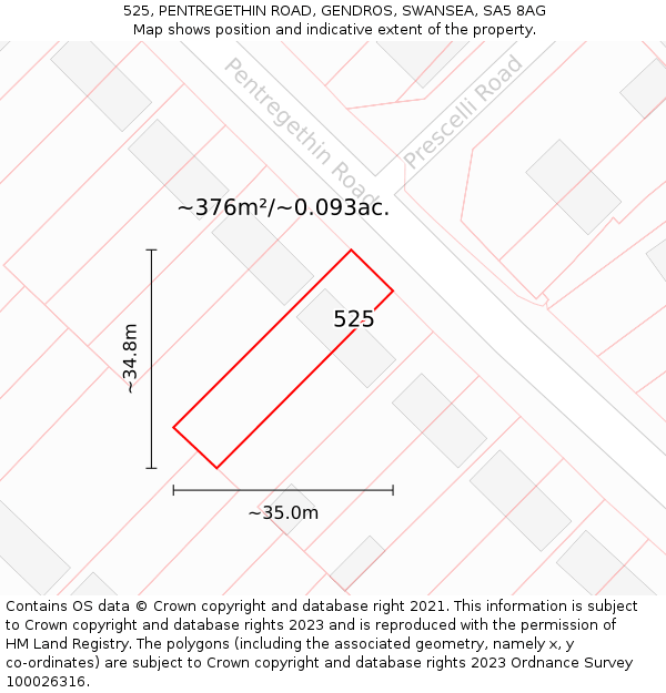 525, PENTREGETHIN ROAD, GENDROS, SWANSEA, SA5 8AG: Plot and title map