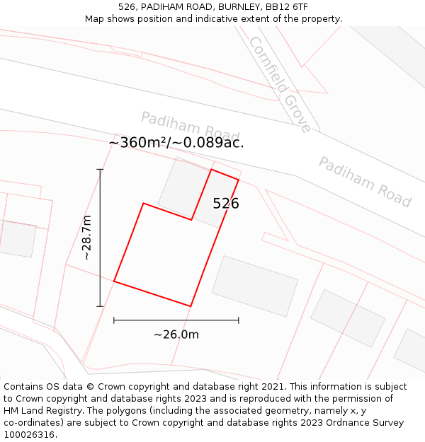 526, PADIHAM ROAD, BURNLEY, BB12 6TF: Plot and title map