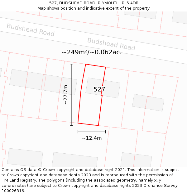 527, BUDSHEAD ROAD, PLYMOUTH, PL5 4DR: Plot and title map
