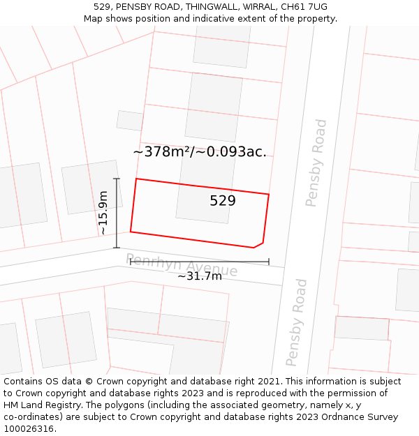 529, PENSBY ROAD, THINGWALL, WIRRAL, CH61 7UG: Plot and title map