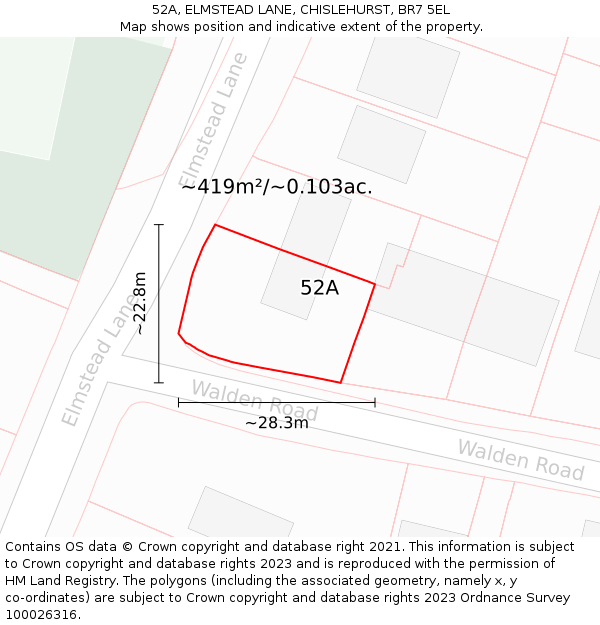 52A, ELMSTEAD LANE, CHISLEHURST, BR7 5EL: Plot and title map