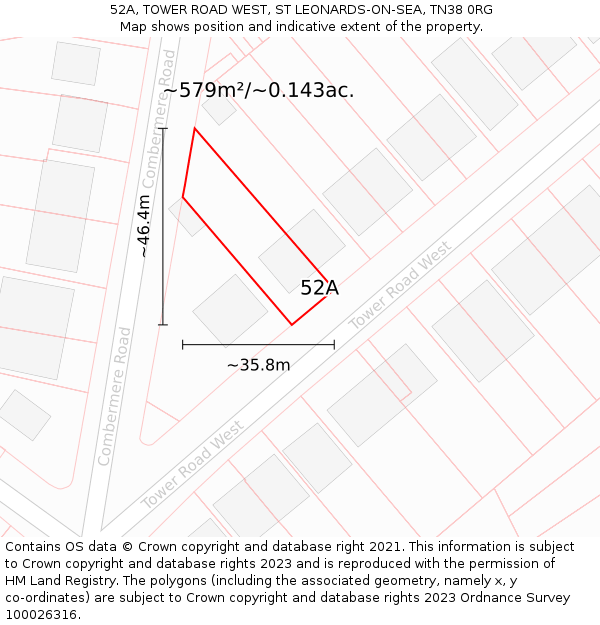 52A, TOWER ROAD WEST, ST LEONARDS-ON-SEA, TN38 0RG: Plot and title map