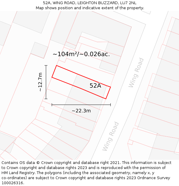 52A, WING ROAD, LEIGHTON BUZZARD, LU7 2NL: Plot and title map