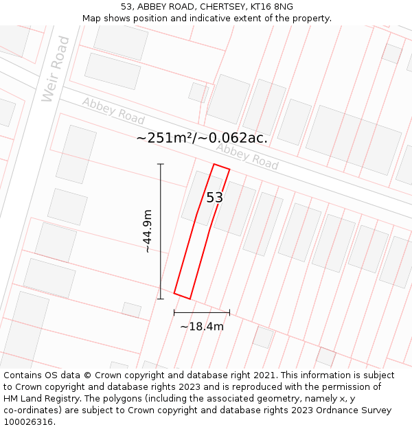 53, ABBEY ROAD, CHERTSEY, KT16 8NG: Plot and title map