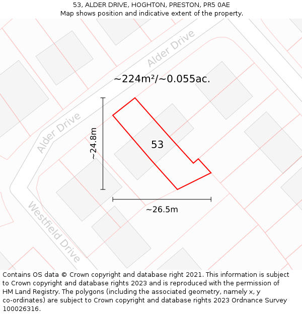 53, ALDER DRIVE, HOGHTON, PRESTON, PR5 0AE: Plot and title map