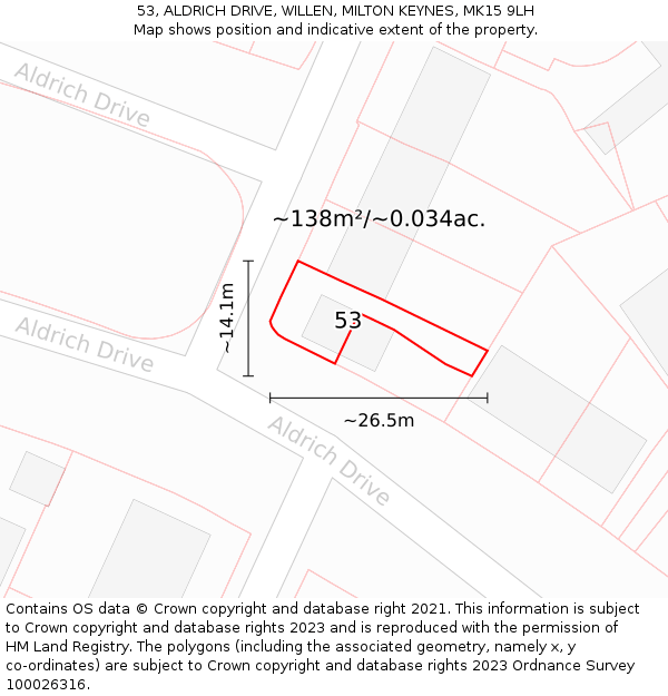 53, ALDRICH DRIVE, WILLEN, MILTON KEYNES, MK15 9LH: Plot and title map