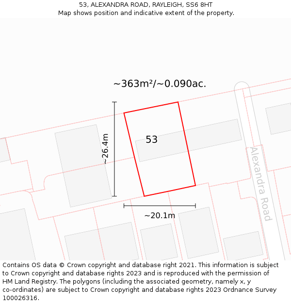 53, ALEXANDRA ROAD, RAYLEIGH, SS6 8HT: Plot and title map