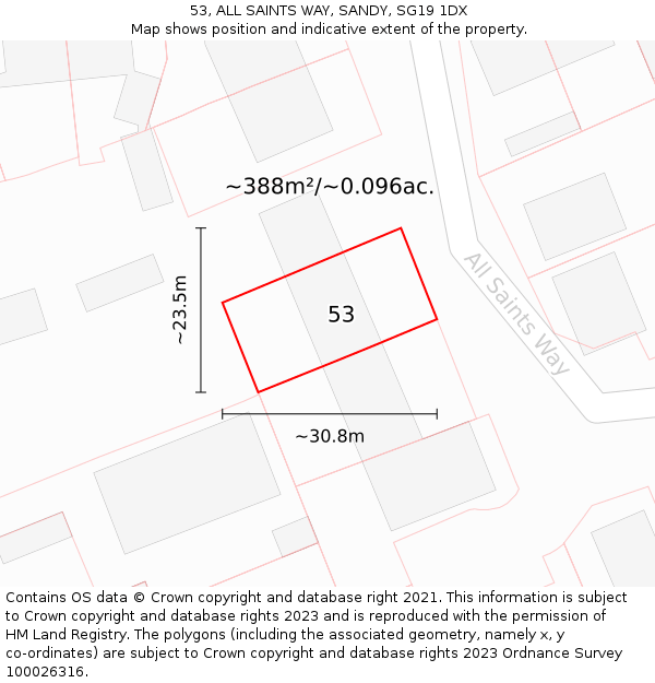 53, ALL SAINTS WAY, SANDY, SG19 1DX: Plot and title map