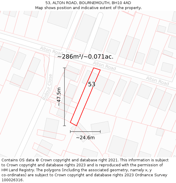 53, ALTON ROAD, BOURNEMOUTH, BH10 4AD: Plot and title map