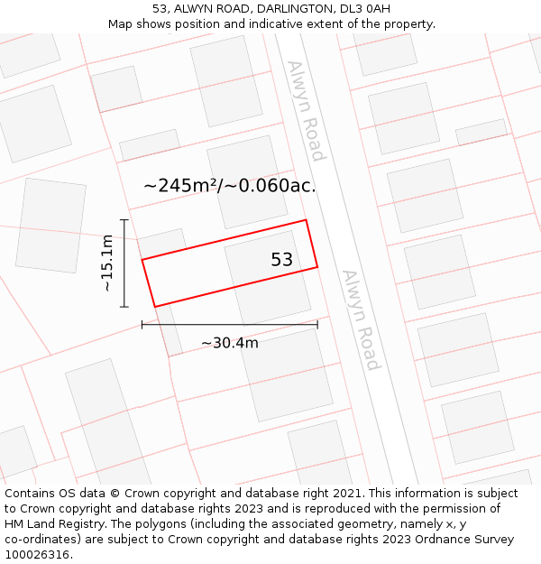 53, ALWYN ROAD, DARLINGTON, DL3 0AH: Plot and title map