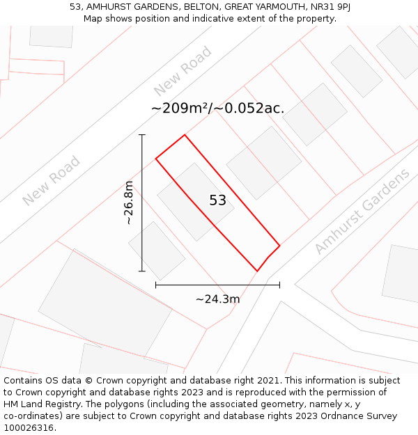 53, AMHURST GARDENS, BELTON, GREAT YARMOUTH, NR31 9PJ: Plot and title map