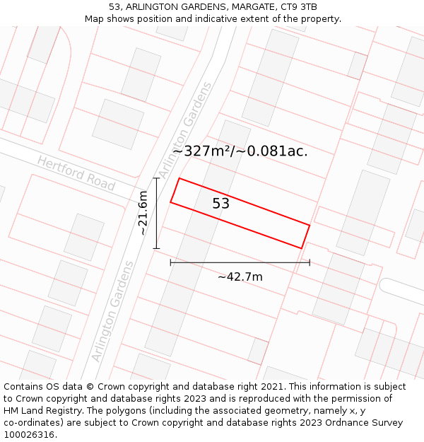 53, ARLINGTON GARDENS, MARGATE, CT9 3TB: Plot and title map