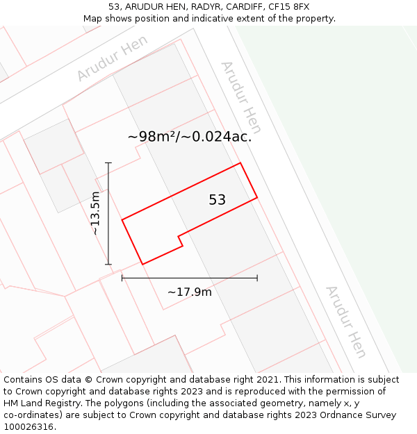 53, ARUDUR HEN, RADYR, CARDIFF, CF15 8FX: Plot and title map