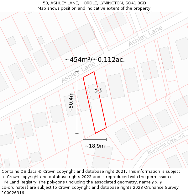 53, ASHLEY LANE, HORDLE, LYMINGTON, SO41 0GB: Plot and title map