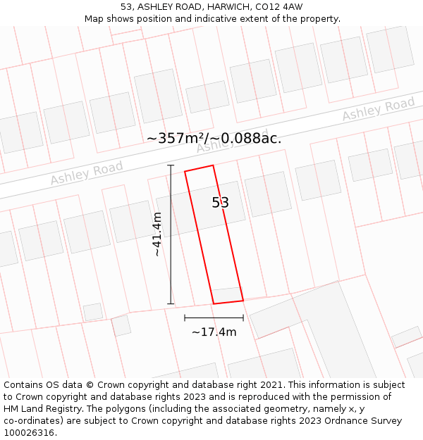 53, ASHLEY ROAD, HARWICH, CO12 4AW: Plot and title map