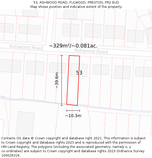 53, ASHWOOD ROAD, FULWOOD, PRESTON, PR2 9UD: Plot and title map