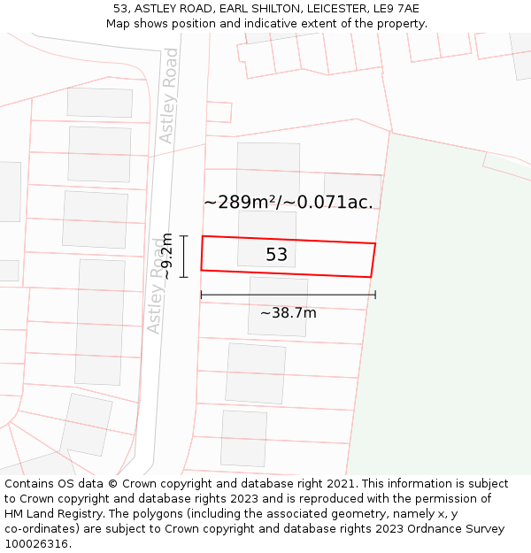 53, ASTLEY ROAD, EARL SHILTON, LEICESTER, LE9 7AE: Plot and title map