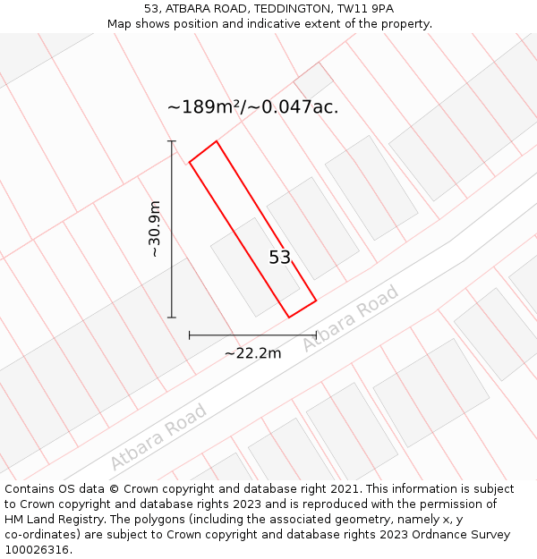 53, ATBARA ROAD, TEDDINGTON, TW11 9PA: Plot and title map