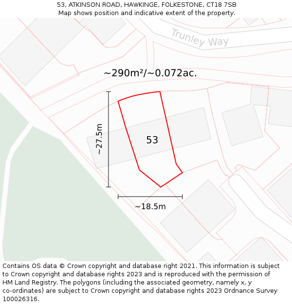 53, ATKINSON ROAD, HAWKINGE, FOLKESTONE, CT18 7SB: Plot and title map