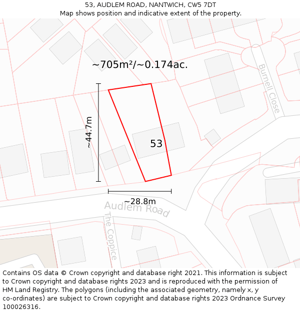 53, AUDLEM ROAD, NANTWICH, CW5 7DT: Plot and title map