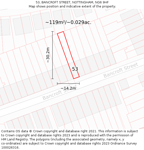 53, BANCROFT STREET, NOTTINGHAM, NG6 9HF: Plot and title map