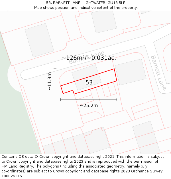 53, BARNETT LANE, LIGHTWATER, GU18 5LE: Plot and title map