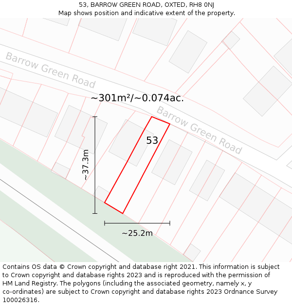 53, BARROW GREEN ROAD, OXTED, RH8 0NJ: Plot and title map