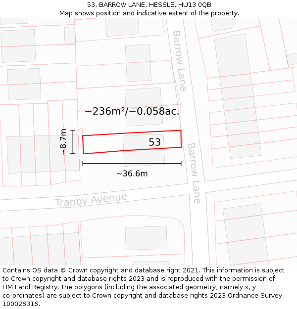 53, BARROW LANE, HESSLE, HU13 0QB: Plot and title map