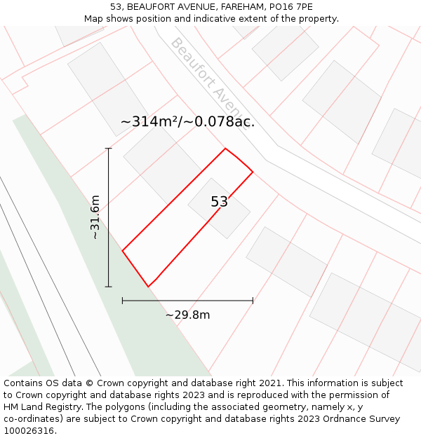 53, BEAUFORT AVENUE, FAREHAM, PO16 7PE: Plot and title map