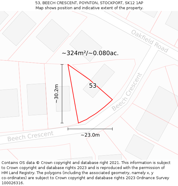 53, BEECH CRESCENT, POYNTON, STOCKPORT, SK12 1AP: Plot and title map