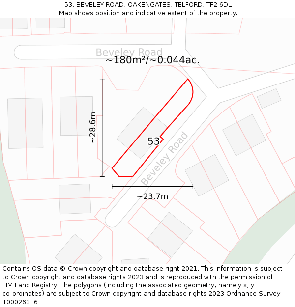 53, BEVELEY ROAD, OAKENGATES, TELFORD, TF2 6DL: Plot and title map