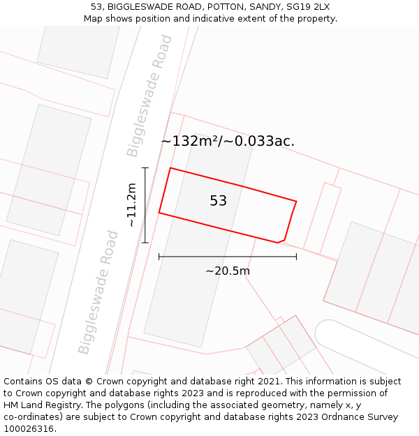 53, BIGGLESWADE ROAD, POTTON, SANDY, SG19 2LX: Plot and title map