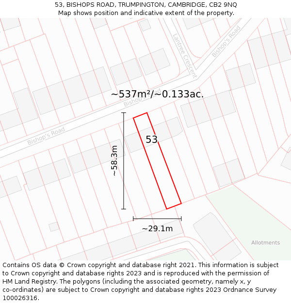 53, BISHOPS ROAD, TRUMPINGTON, CAMBRIDGE, CB2 9NQ: Plot and title map