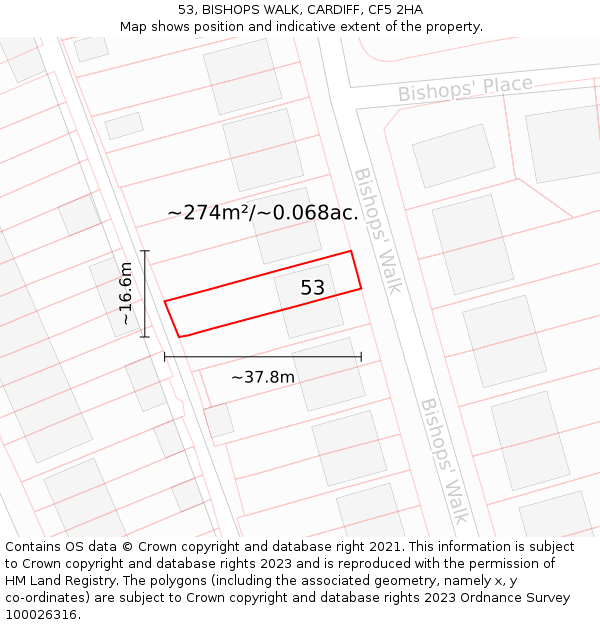 53, BISHOPS WALK, CARDIFF, CF5 2HA: Plot and title map