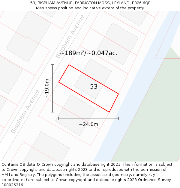 53, BISPHAM AVENUE, FARINGTON MOSS, LEYLAND, PR26 6QE: Plot and title map