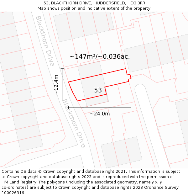 53, BLACKTHORN DRIVE, HUDDERSFIELD, HD3 3RR: Plot and title map