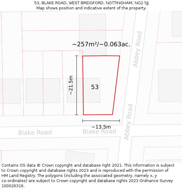 53, BLAKE ROAD, WEST BRIDGFORD, NOTTINGHAM, NG2 5JJ: Plot and title map