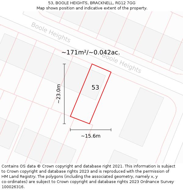 53, BOOLE HEIGHTS, BRACKNELL, RG12 7GG: Plot and title map