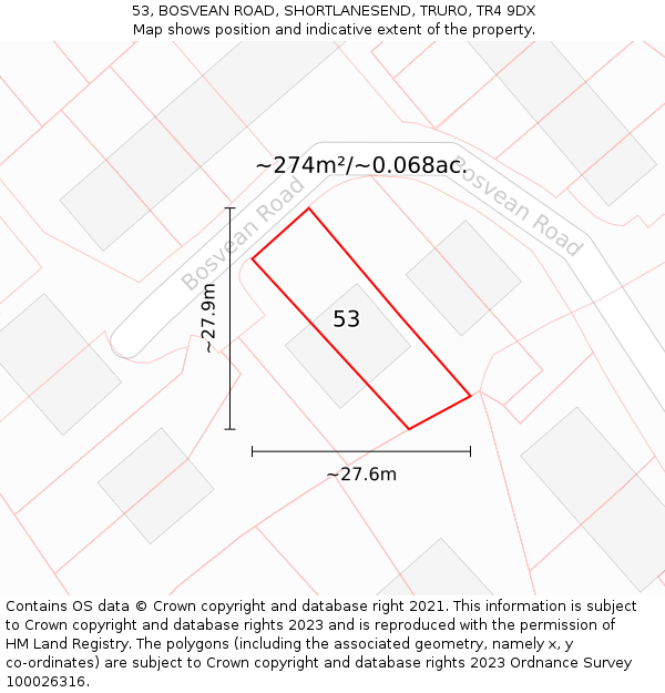 53, BOSVEAN ROAD, SHORTLANESEND, TRURO, TR4 9DX: Plot and title map