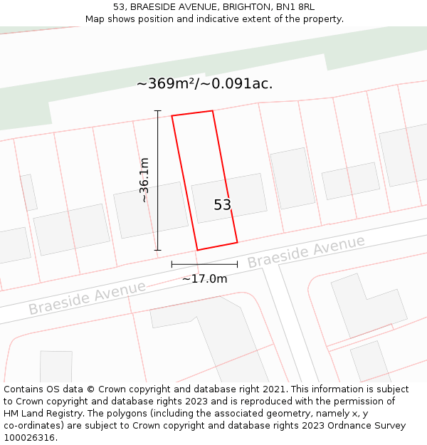 53, BRAESIDE AVENUE, BRIGHTON, BN1 8RL: Plot and title map